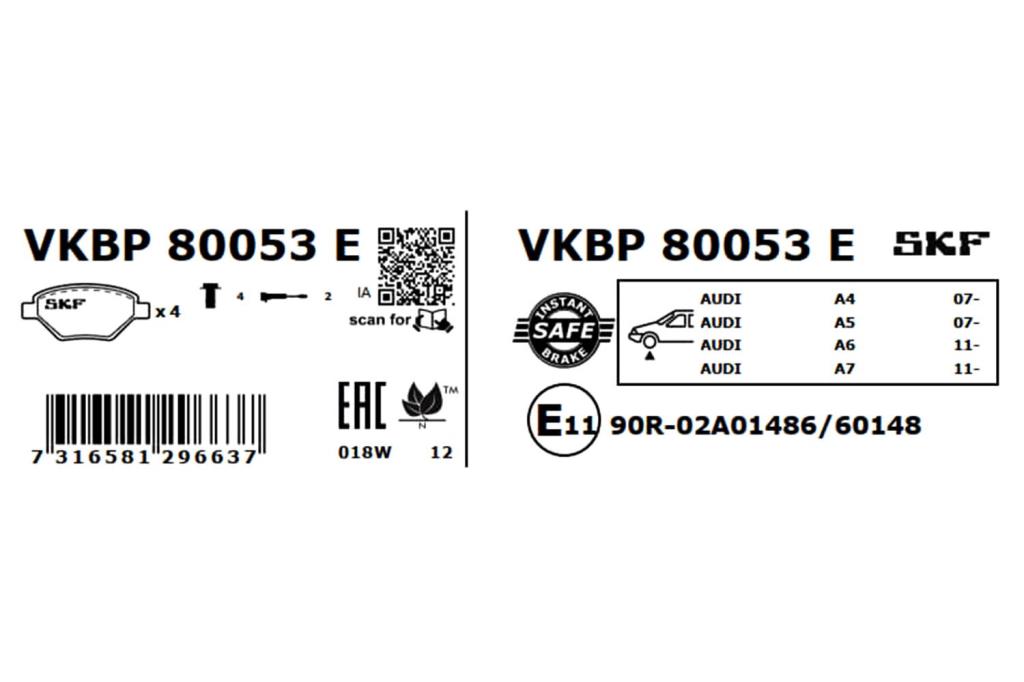 Jeu de 4 plaquettes de frein SKF ref. VKBP 80053 E
